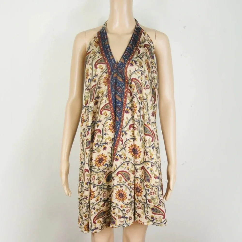 Vintage 90s Boho Cream Red Blue Paisley Print Halter Midi Dress